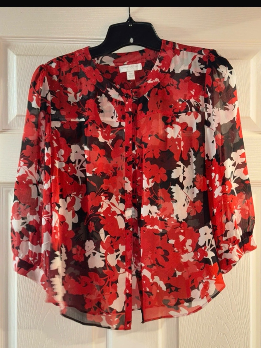 Charter Club Sheer Floral Button-Front Blouse - Red/Black/White